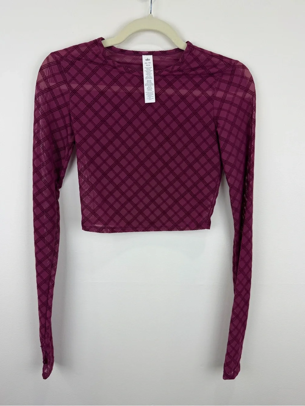 Alo Yoga Plaid Mesh Cropped Long Sleeve Top Burgundy XS